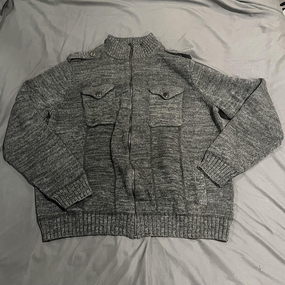 Rock & Republic Sweater Mens 2XL Gray Full Zip Mock Neck Knit Pockets Ribbed Hem